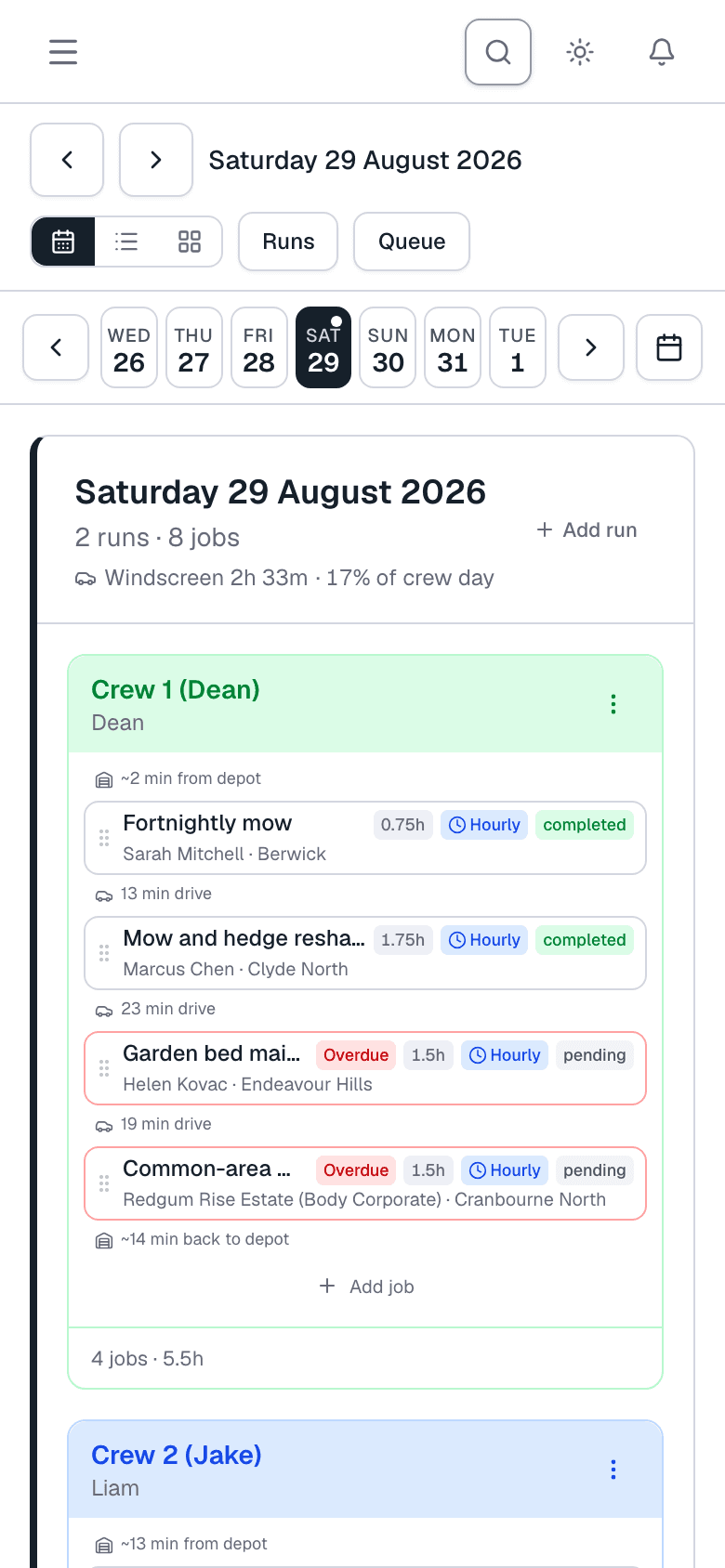 The Bizzie mobile runsheet a crew member sees: today's stops in order with drive times, on a phone