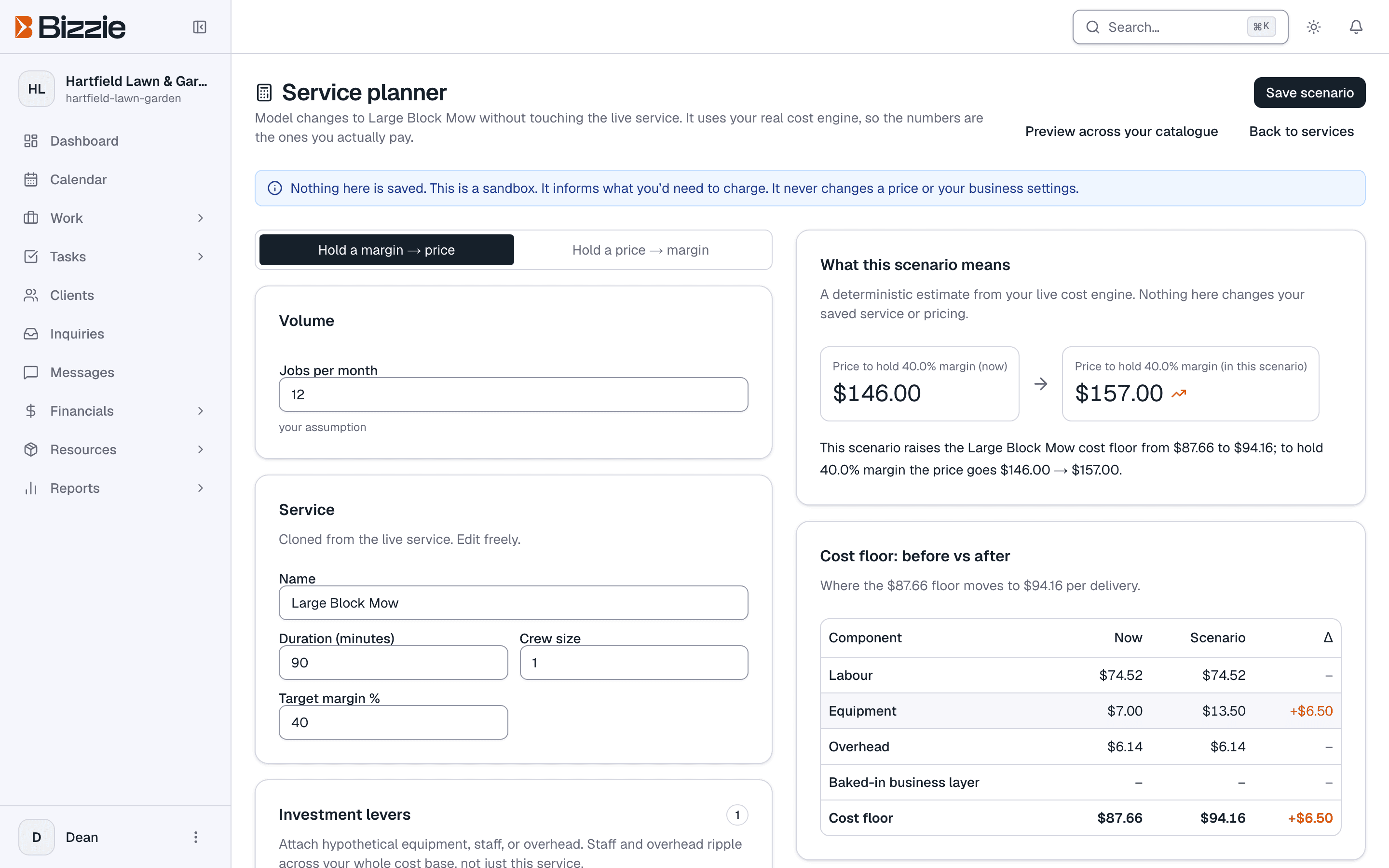 Bizzie service planner comparing the cost floor and required price before and after adding a new zero-turn mower
